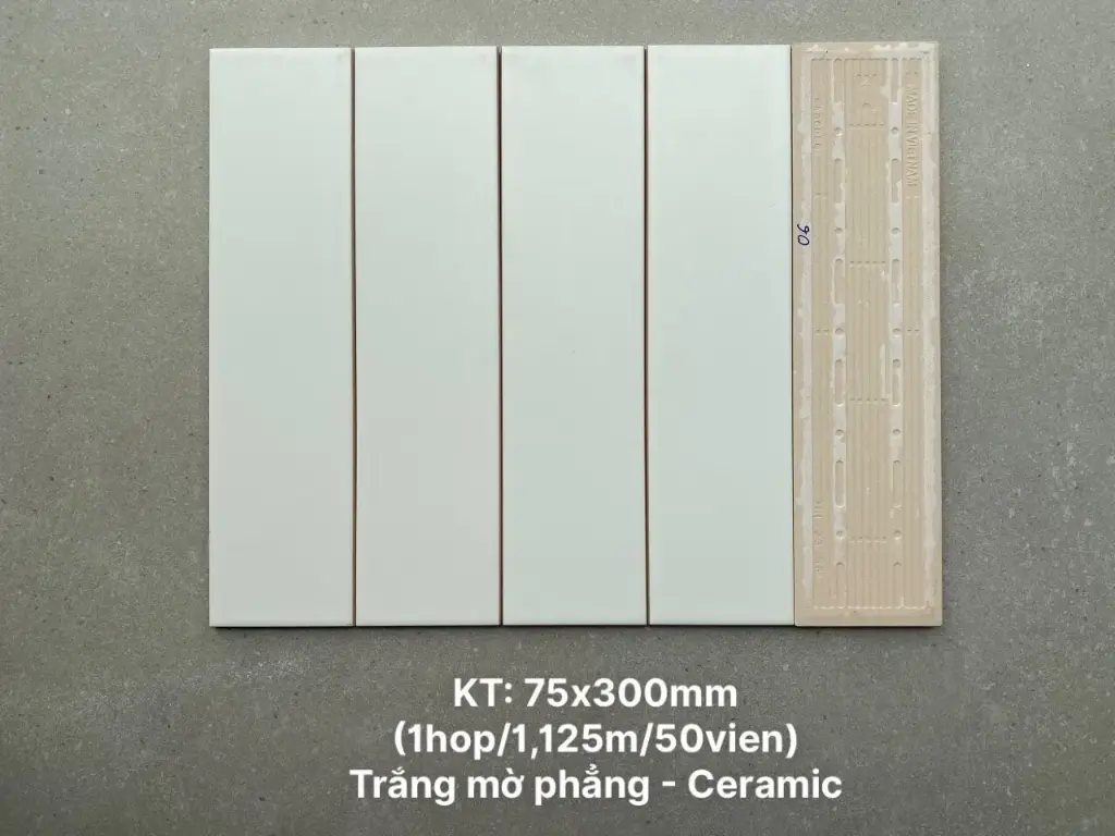 [DSC-PSTA75306] Gạch thẻ trang trí cao cấp VN, KT 75x300mm màu trắng mờ phẳng mã PSTA75306 (0287)/CIC0312M loại ưu,1h/1,125m/50V