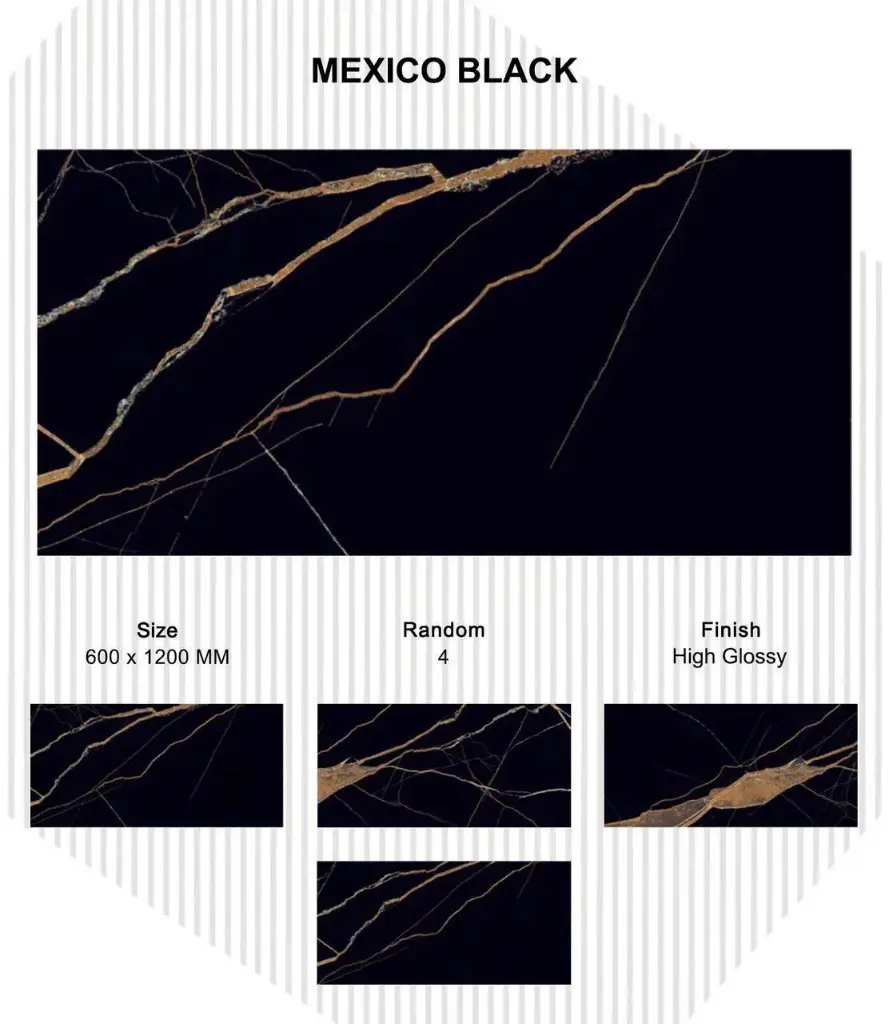 [DSC-3456Mexico Black High Gloxy] Gạch lát nền đen ấn tia chớp cam KT 600x1200 mm mã Mexico Black High Gloxy