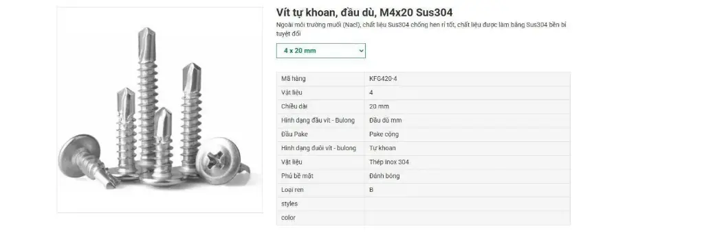 [DSC-M4x20] Vít tự khoan M4x20mm (1000c/túi)|, đầu dù