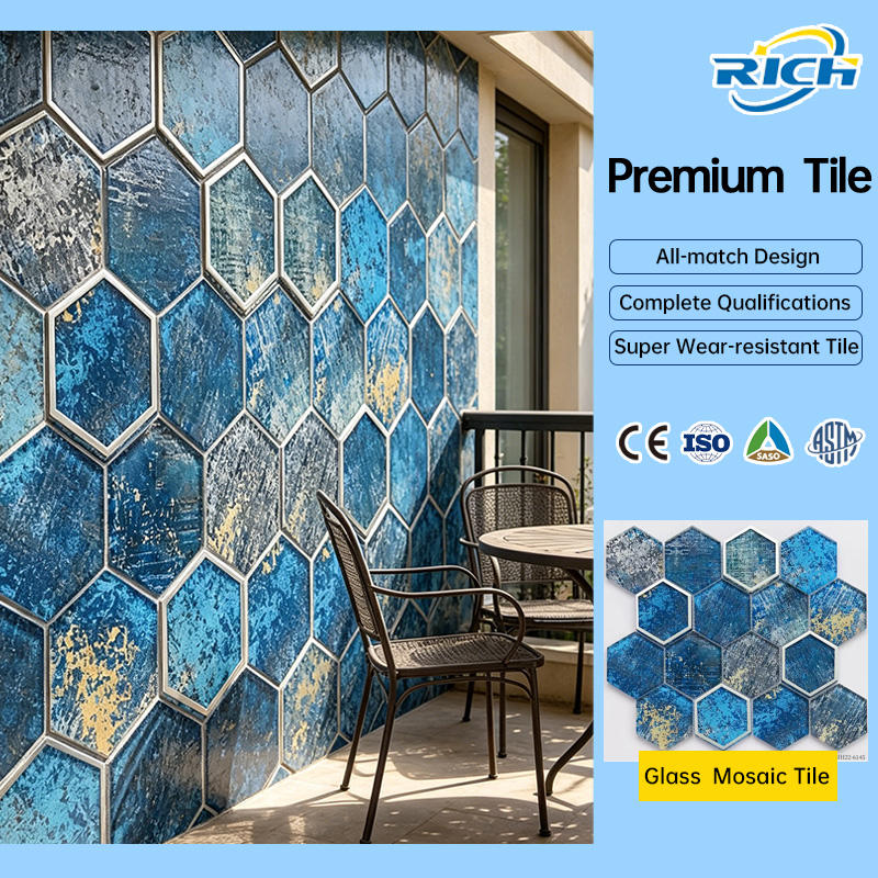 [DSC-2607-43611] Gạch mosaic thủy tinh RuiChi 6 mm lục giác màu xanh ốp tường, phòng tắm và hồ bơi