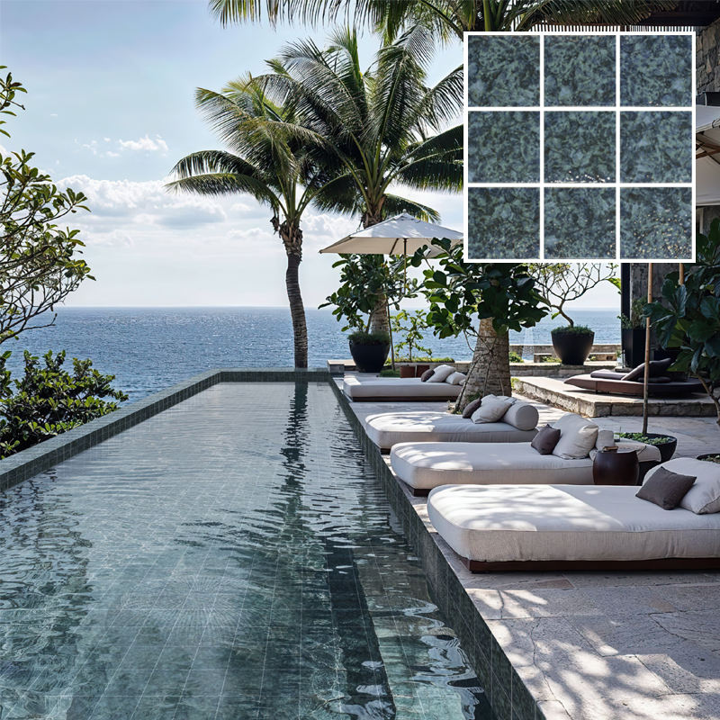 [DSC-2608-70467] Nhà sản xuất gạch mosaic gốm Bali xanh lá đậm 150x150 cho hồ bơi, phòng tắm, nhà bếp, khách sạn và biệt thự ngoài trời