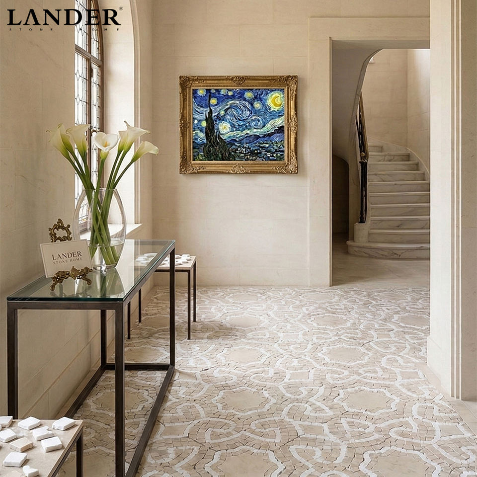 [DSC-2607-40828] Lander Crema Mafil tranh tường chân dung mosaic tùy chỉnh, gạch viền hoa văn và họa tiết tâm sàn mosaic đá cẩm thạch