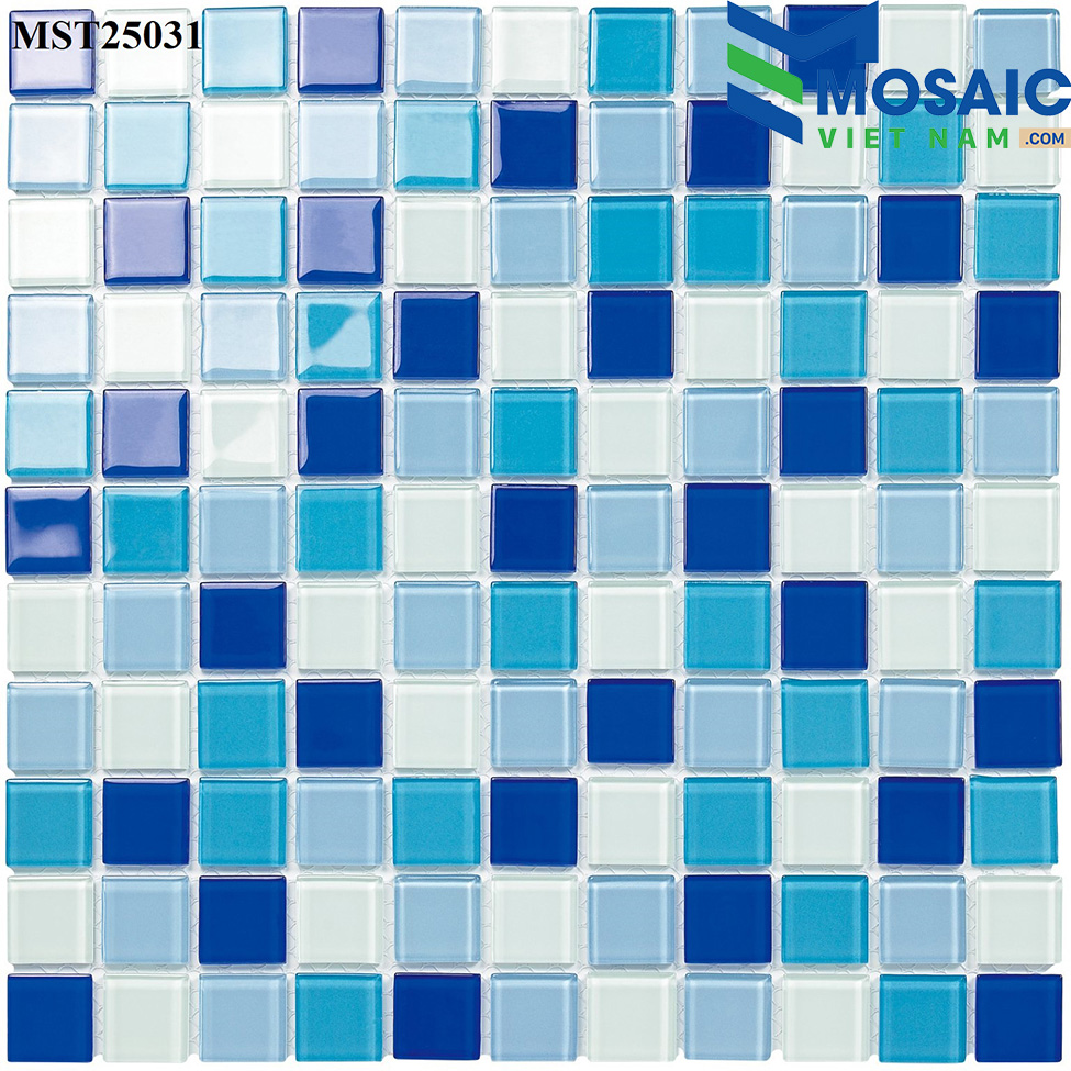 [DSC-2608-60265] Gạch Mosaic Thủy tinh trộn 3 màu xanh + 1 màu trắng 25x25mm MST 25031