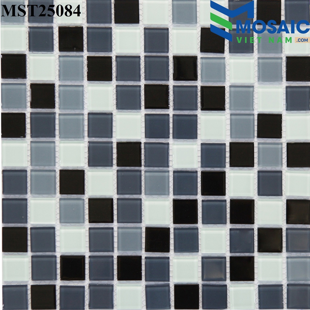 [DSC-2608-28110] Gạch Mosaic Thủy tinh trộn 3 màu đen+ghi+trắng 25x25mm MST 25084