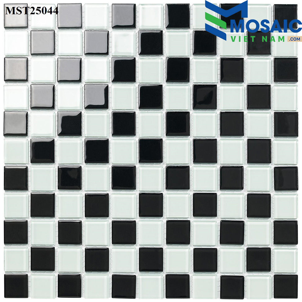 [DSC-2608-95141] Gạch Mosaic Thủy tinh trộn 2 màu đen trắng bàn cờ 25x25mm MST 25044