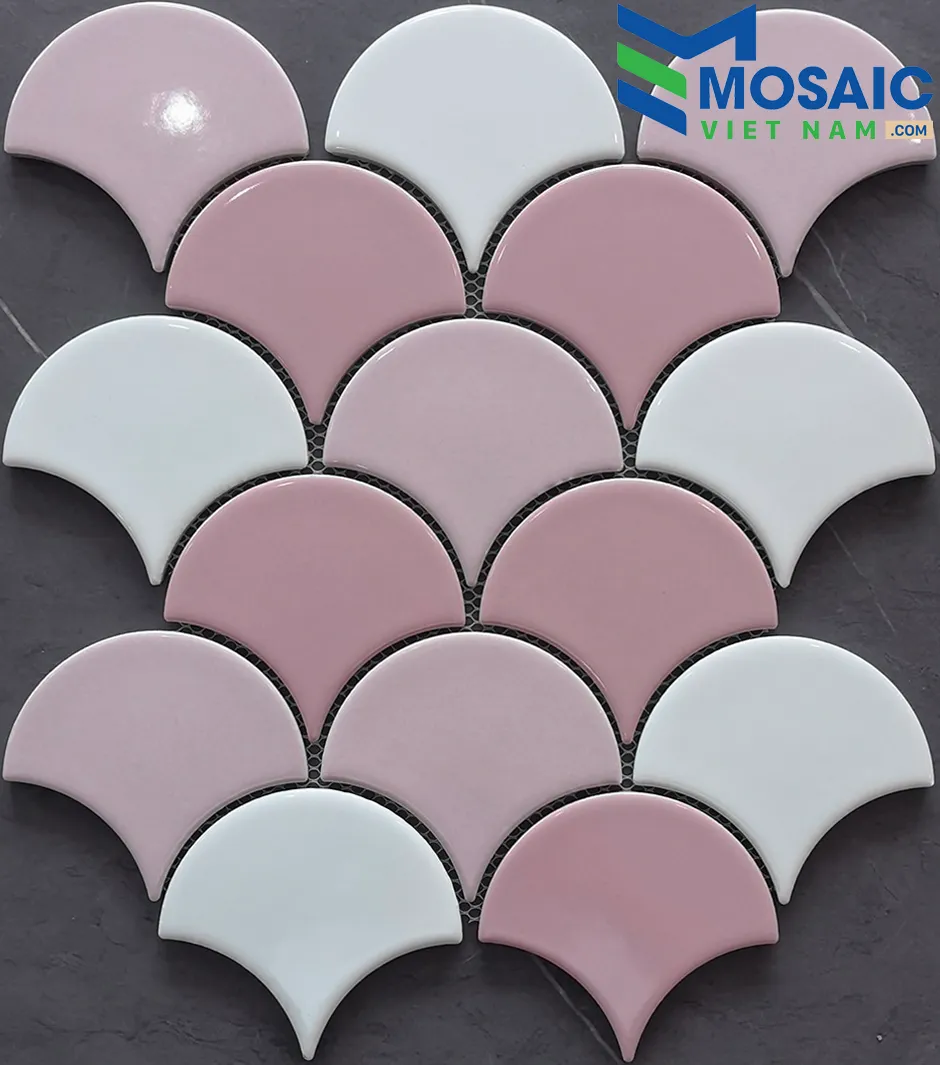 [DSC-2608-34369] Gạch Mosaic Gốm vảy cá trắng hồng bóng MGTT004