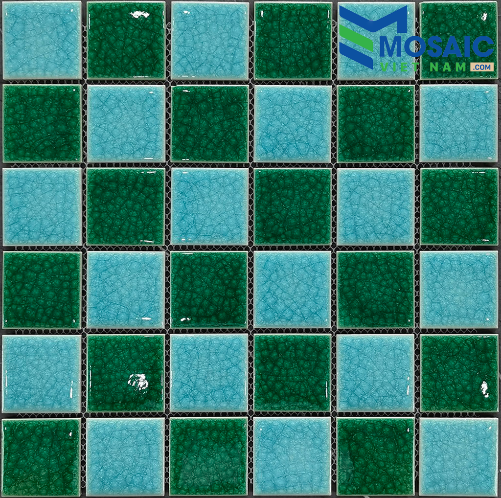 [DSC-2608-58423] Gạch Mosaic Gốm men rạn màu xanh lá bàn cờ 48x48x6mm MG48-18