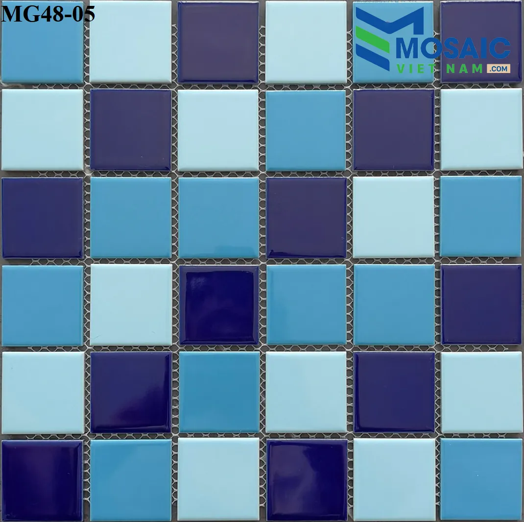 [DSC-2608-39619] Gạch Mosaic Gốm men trơn 3 màu xanh nhạt đậm trộn 48x48x6mm MG48-5