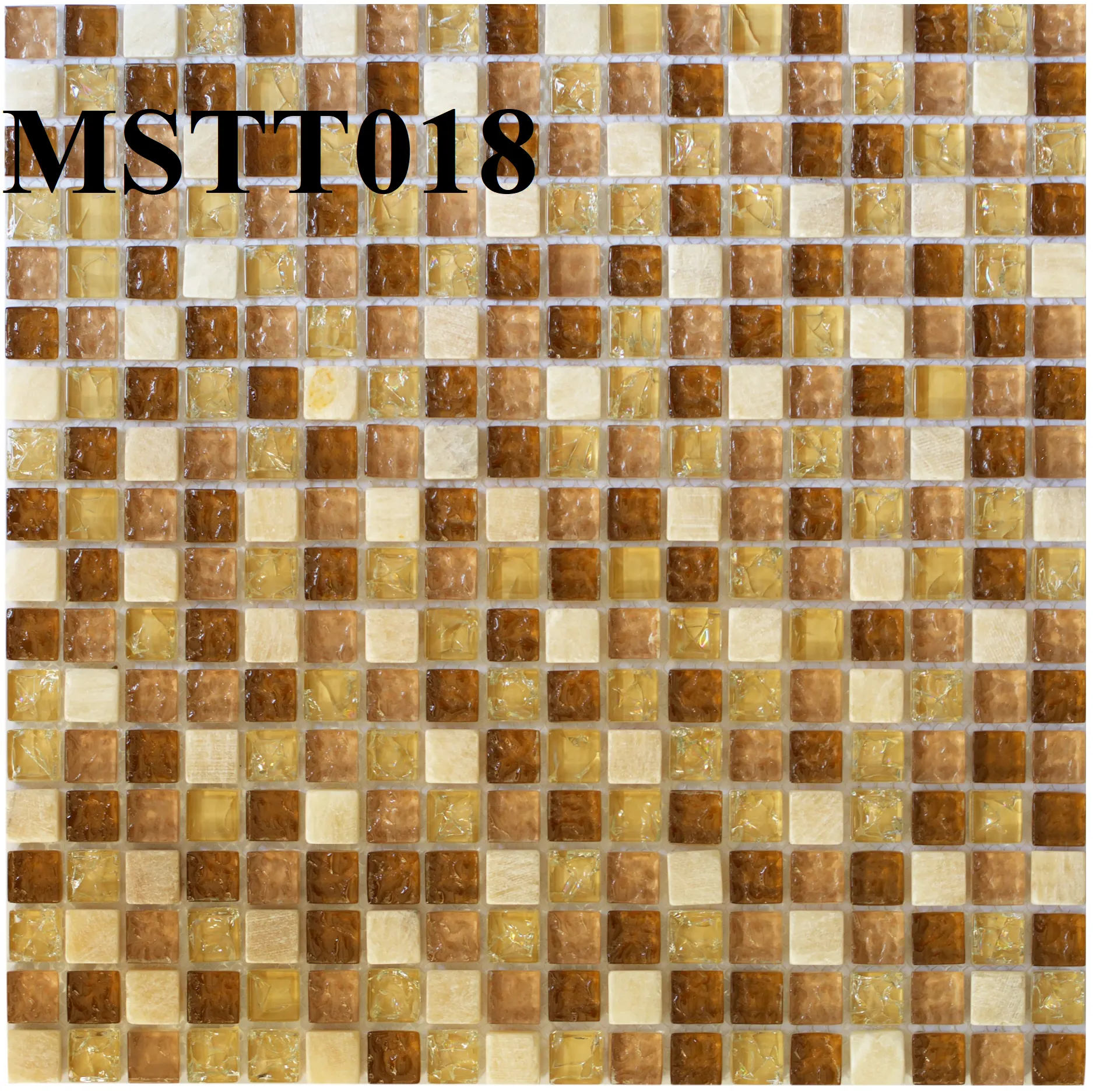 [DSC-2608-61444] Gạch Mosaic Thủy tinh nâu rạn+đá trắng 15x15x8mm MSTT018