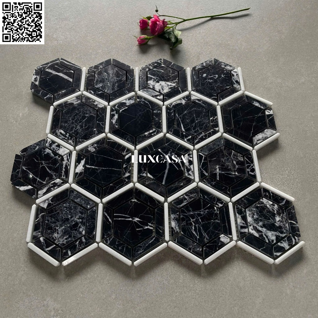 [DSC-2608-75592] Mosaic đá marble đen lục giác