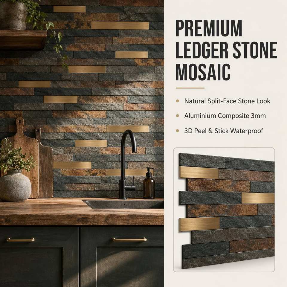 [DSC-2607-28633] Tấm mosaic dán tường 3D Junsente JSTL6001 giả đá slate phối kim loại vàng 359x302 mm