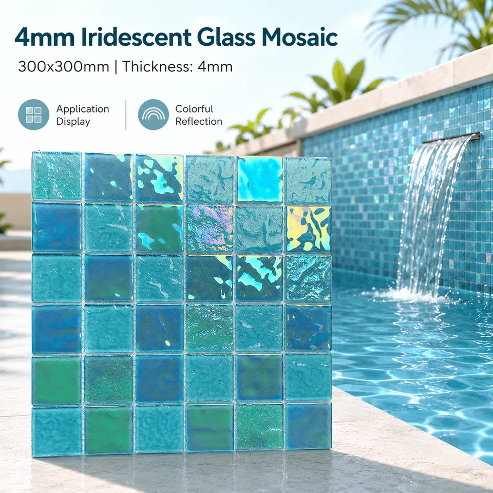 [DSC-2607-92043] Gạch mosaic kính ánh cầu vồng xanh teal GGL GL4013&GL4014 cho hồ bơi và spa