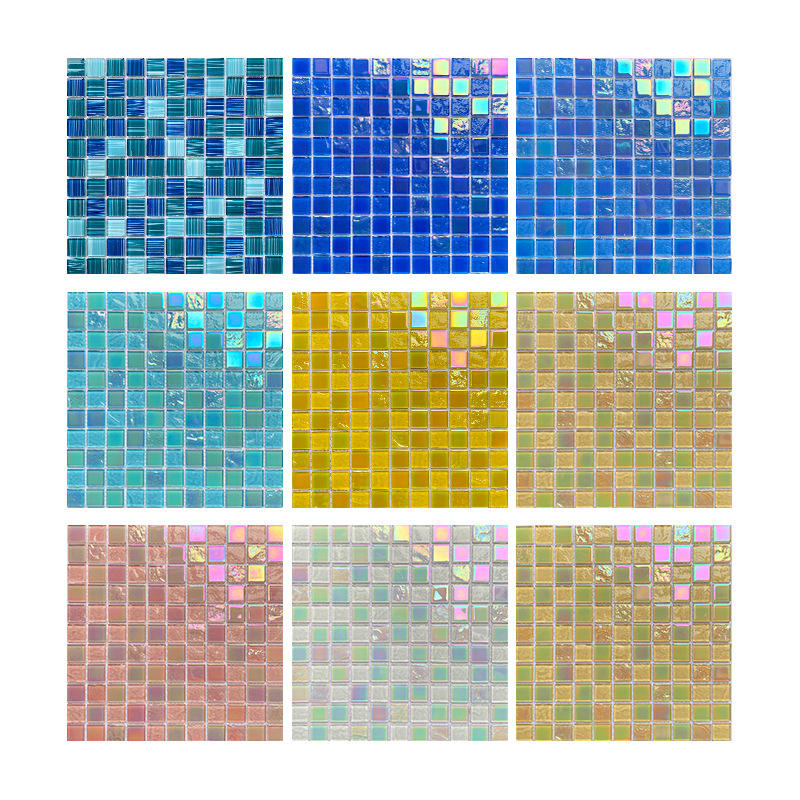 [DSC-2607-22054] Gạch mosaic kính pha lê JUST JUSTS01 phối màu bóng, họa tiết parquet cho hồ bơi, tường và sân ngoài trời