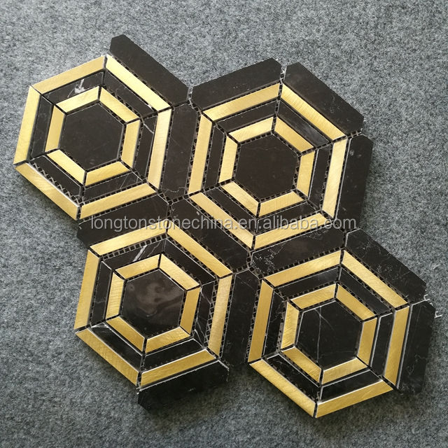 [DSC-2607-46712] Gạch Mosaic Lục Giác Vàng Kim Loại Longton LT-ST45 Mix Đá Cẩm Thạch Đen