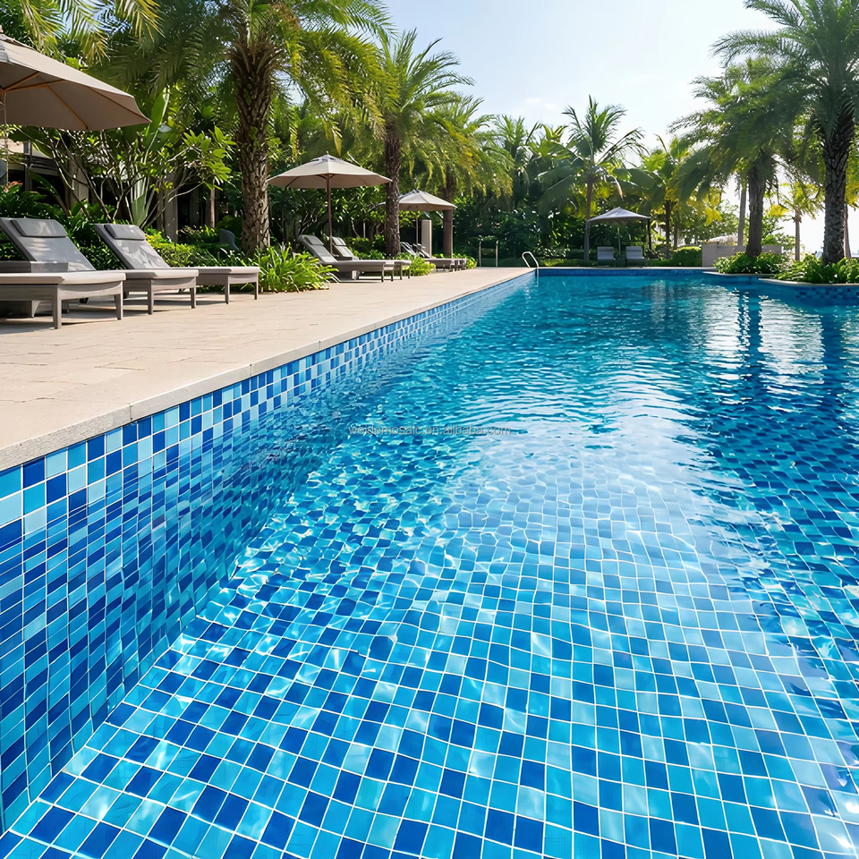 [DSC-2607-17820] Gạch mosaic hồ bơi ceramic xanh dương phối bóng, dùng cho spa, resort cao cấp và công trình tiểu cảnh nước