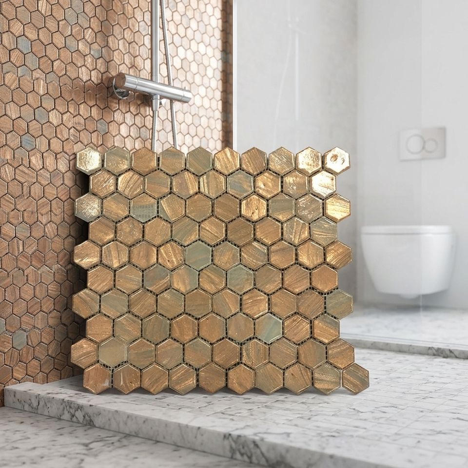 [DSC-2607-49916] Gạch Mosaic Lục Giác Vàng Bronze Trộn Kính GC-KOOCI HKPL46