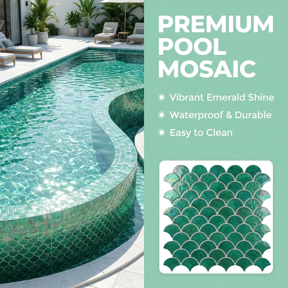 [DSC-2607-11760] Gạch mosaic vảy cá màu xanh ngọc hiện đại, chống nước, dùng cho spa và hồ bơi ngoài trời