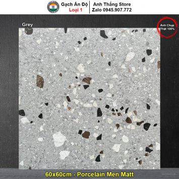 Gạch Terrazzo Ấn Độ, KT 600x600 mm xương đá mặt mờ mã  Grey (1h/1.44m/4v)