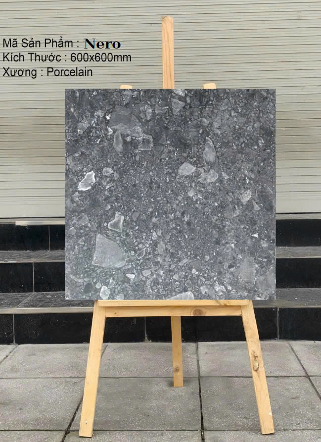 Gạch Terrazzo Ấn Độ, KT 600x600 mm xương đá mặt mờ mã Nero