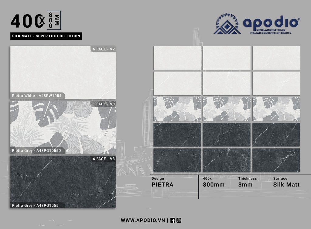 GẠCH ỐP LÁT APODIO A48PW1054 - A48PG1055 - A48PG1055D