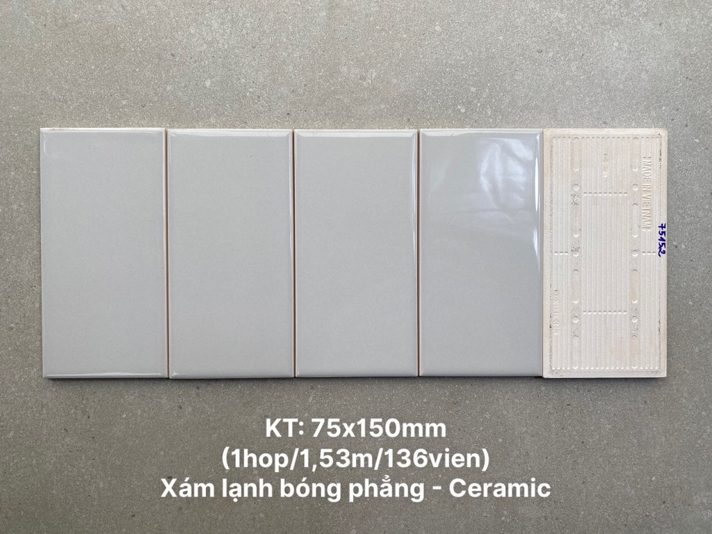 Gạch thẻ Việt Nam KT 75x150mm xám lạnh bóng phẳng loại 1 mã STA75152