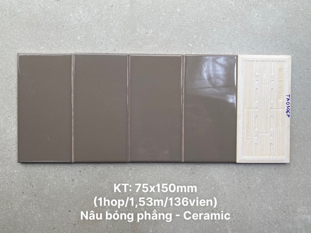 Gạch thẻ Việt Nam KT 75x150mm xương bóng phẳng loại 1 mã TA0306P