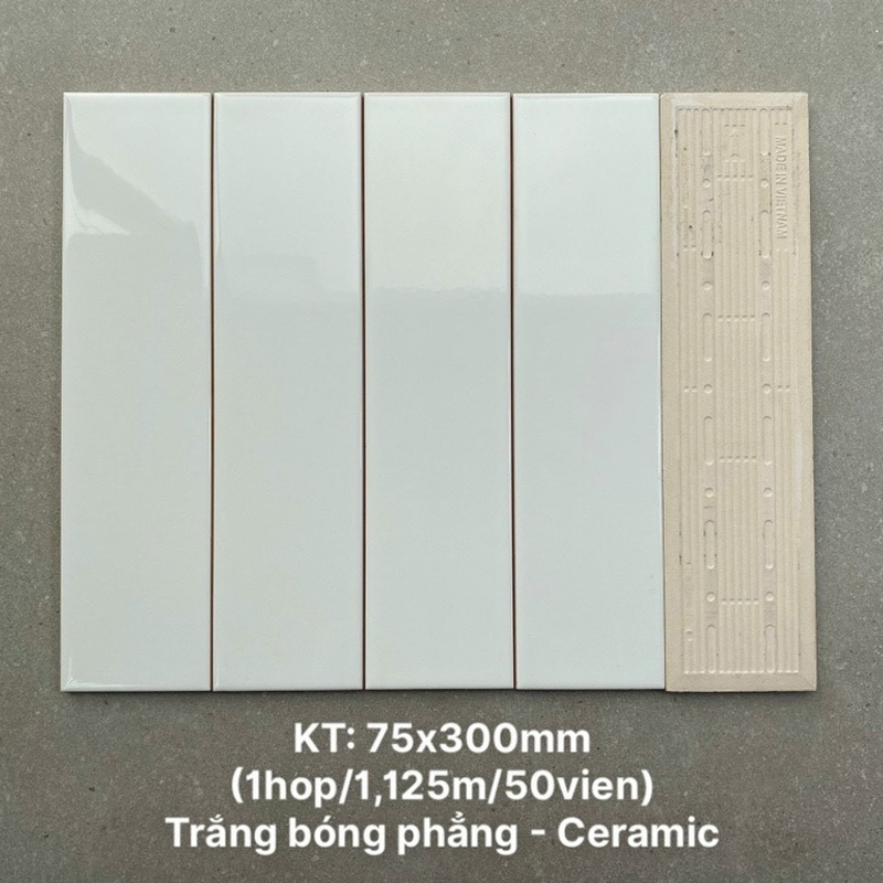 Gạch thẻ trang trí cao cấp VN, KT 75x300mm màu trắng bóng phẳng mã PSTA75300 loại ưu (1h/1.125m/50v)