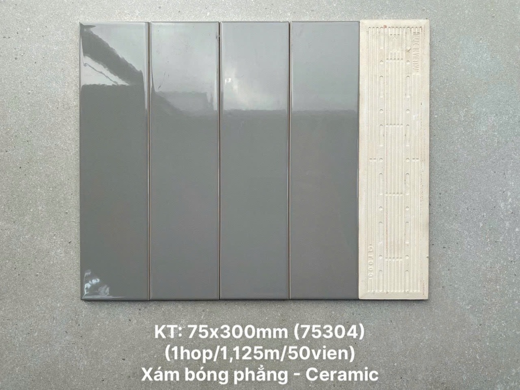 Gạch thẻ trang trí cao cấp VN, KT 75x3000mm màu xám nhạt bóng phẳng mã PSTA75304- S loại ưu