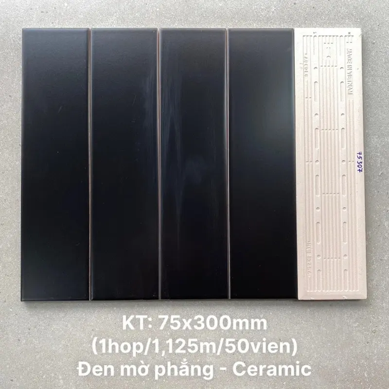 Gạch thẻ VN, KT 75x300 mm màu đen men mờ phẳng mã STA75307M_SA loại 1 