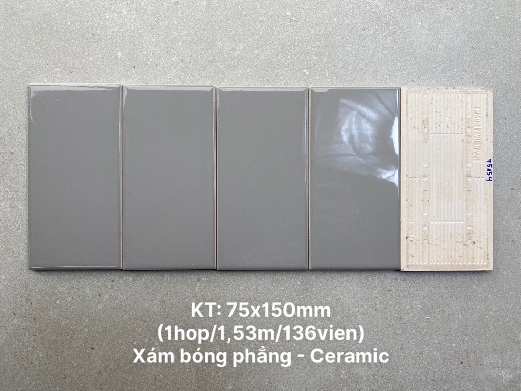 Gạch thẻ trang trí cao cấp VN, KT 75x150mm màu xám bóng phẳng mã PSTA75154 loại ưu