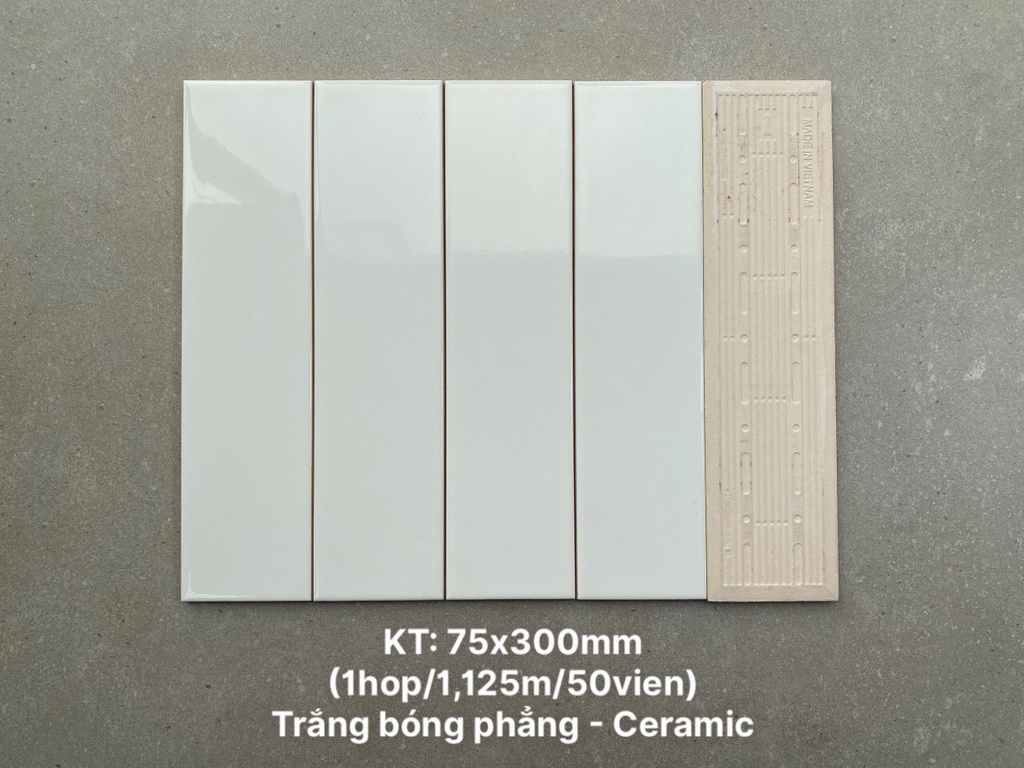 Gạch thẻ 75x300 mmtrắng bóng 101035499 (STA75300) (1h/1.125m/50v)