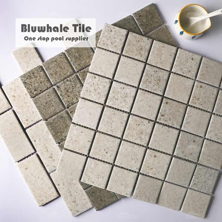 Gạch men sứ in phun chống trơn giá sỉ nhà máy Bluwhale, gạch ốp hồ bơi Foshan