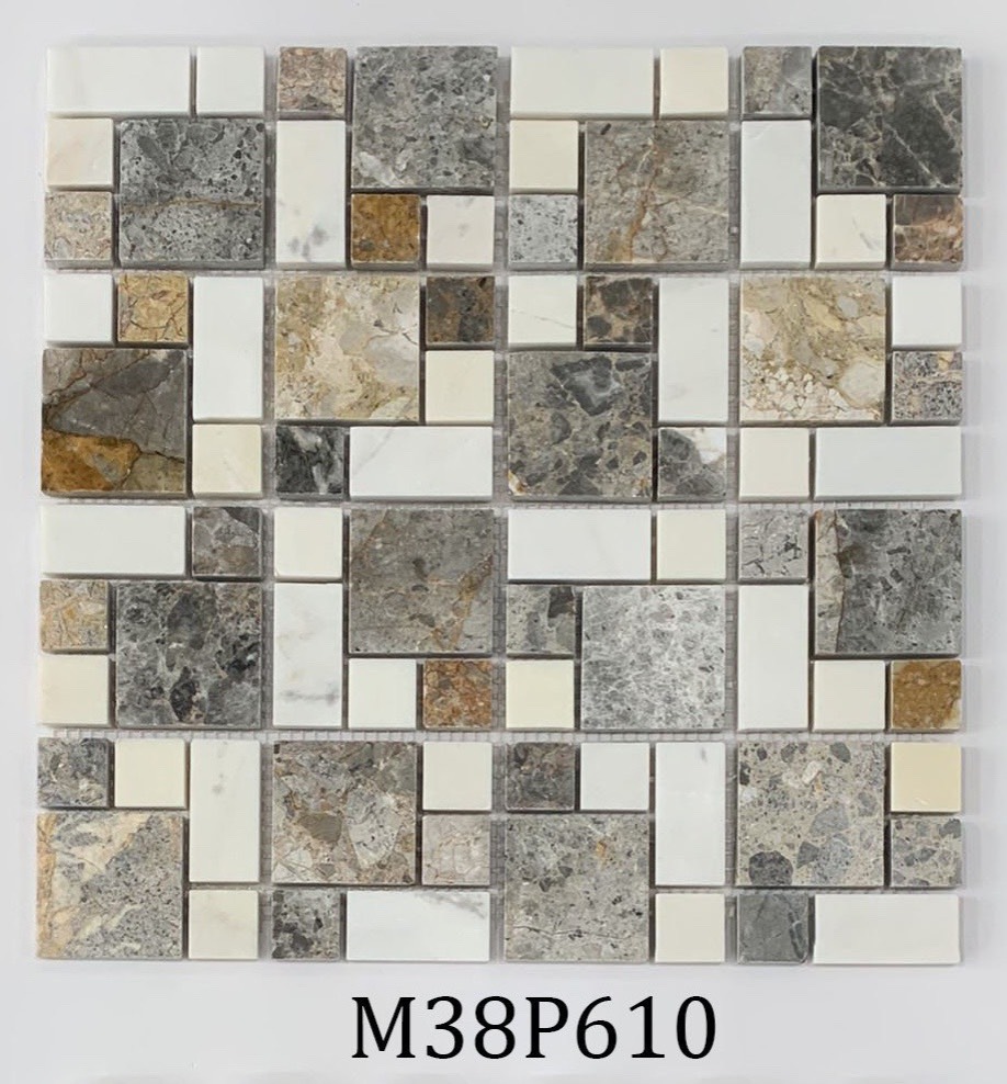 Đá Mosaic Màu Trắng sữa M12F Mix Màu Ghi M11B Chip 23x23mm