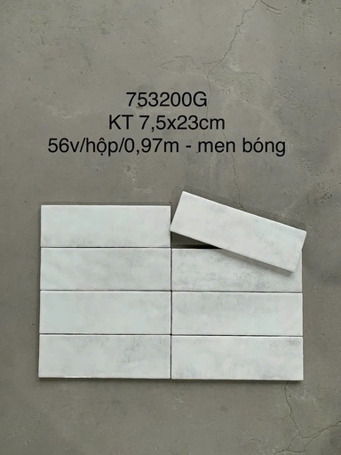 [LAN752300G] Gạch thẻ trắng men bóng KT 75x230mm (1h/0.97m/56v/17.5kg) LAN752300G